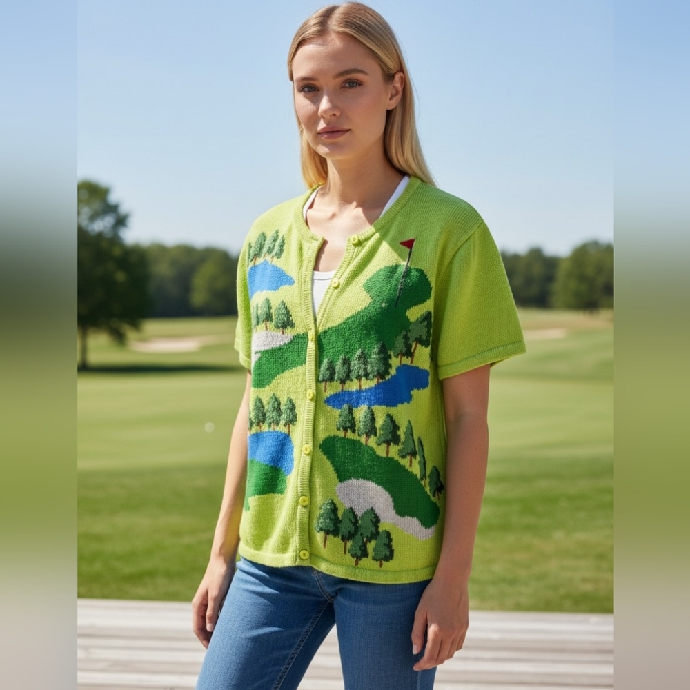 Vintage Classic Marisa Christina Green Golf Course Button Down Sweater Graphic - Picture 12 of 14